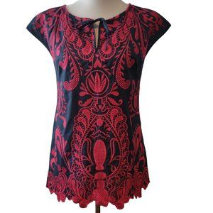 Beth Bowley Womens Size 6 Navy Blue Red Paisley Embroidered Tie Cap Sleeve Top